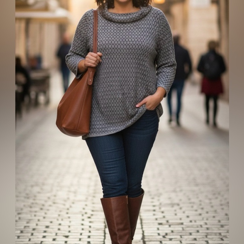 Talbots Cowl Neck Sweater Top Size 2X Gray Black Honeycomb Geometric 3/4 Sleeve - Picture 2 of 8